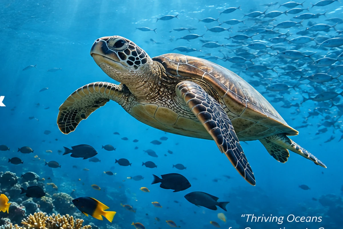 Sea turtle swimming above a healthy coral reef
