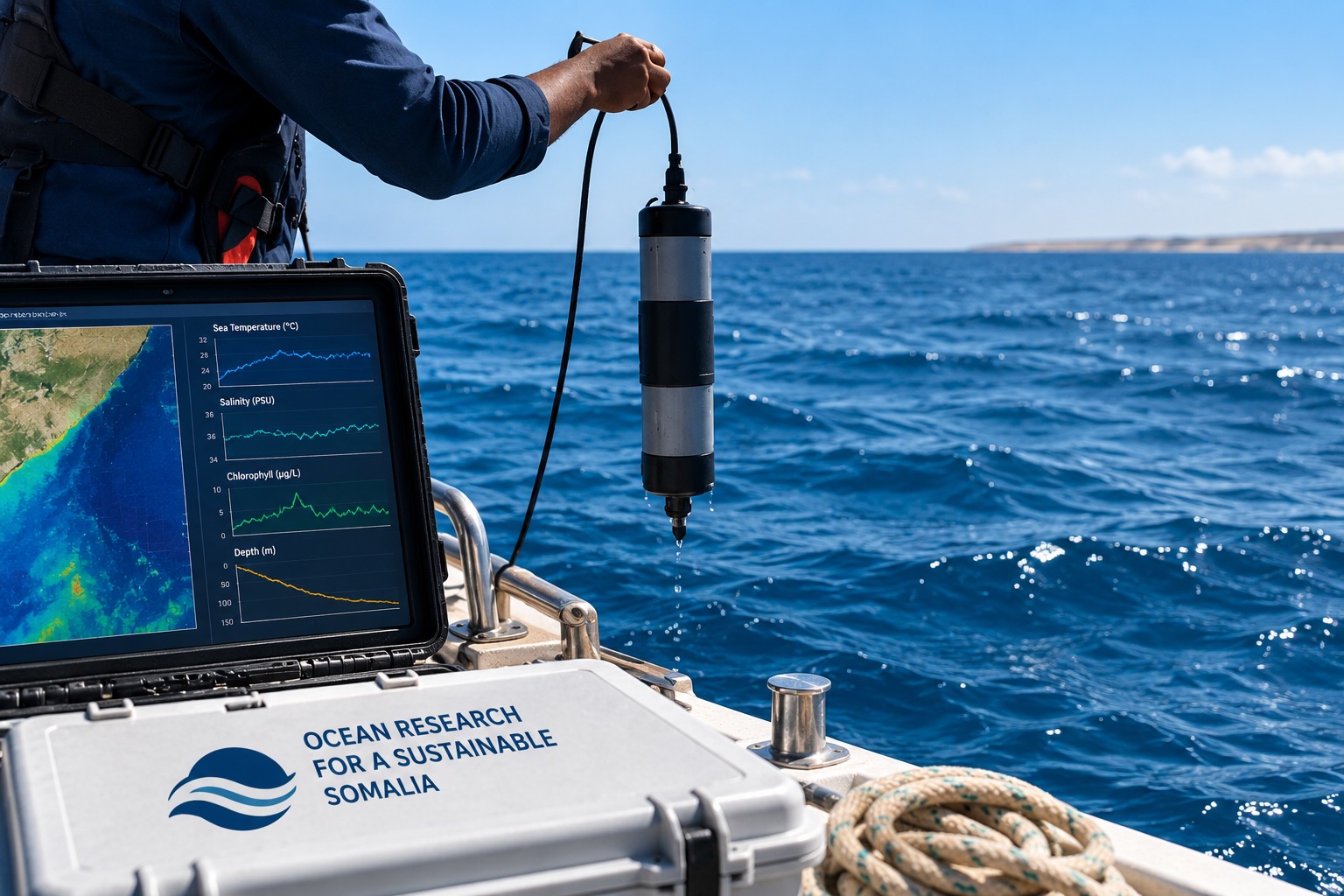 Marine researcher collecting ocean data for research and monitoring in Somalia